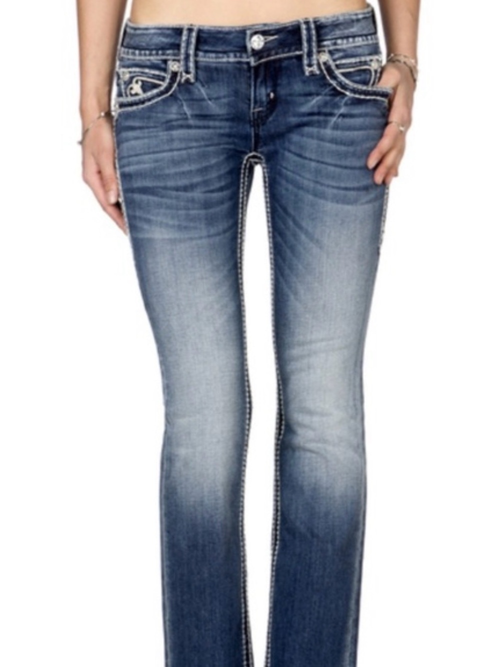 Rock Revival Noelle Blue Boot Cut Jeans with Y2K Contrast Stitching Size 26